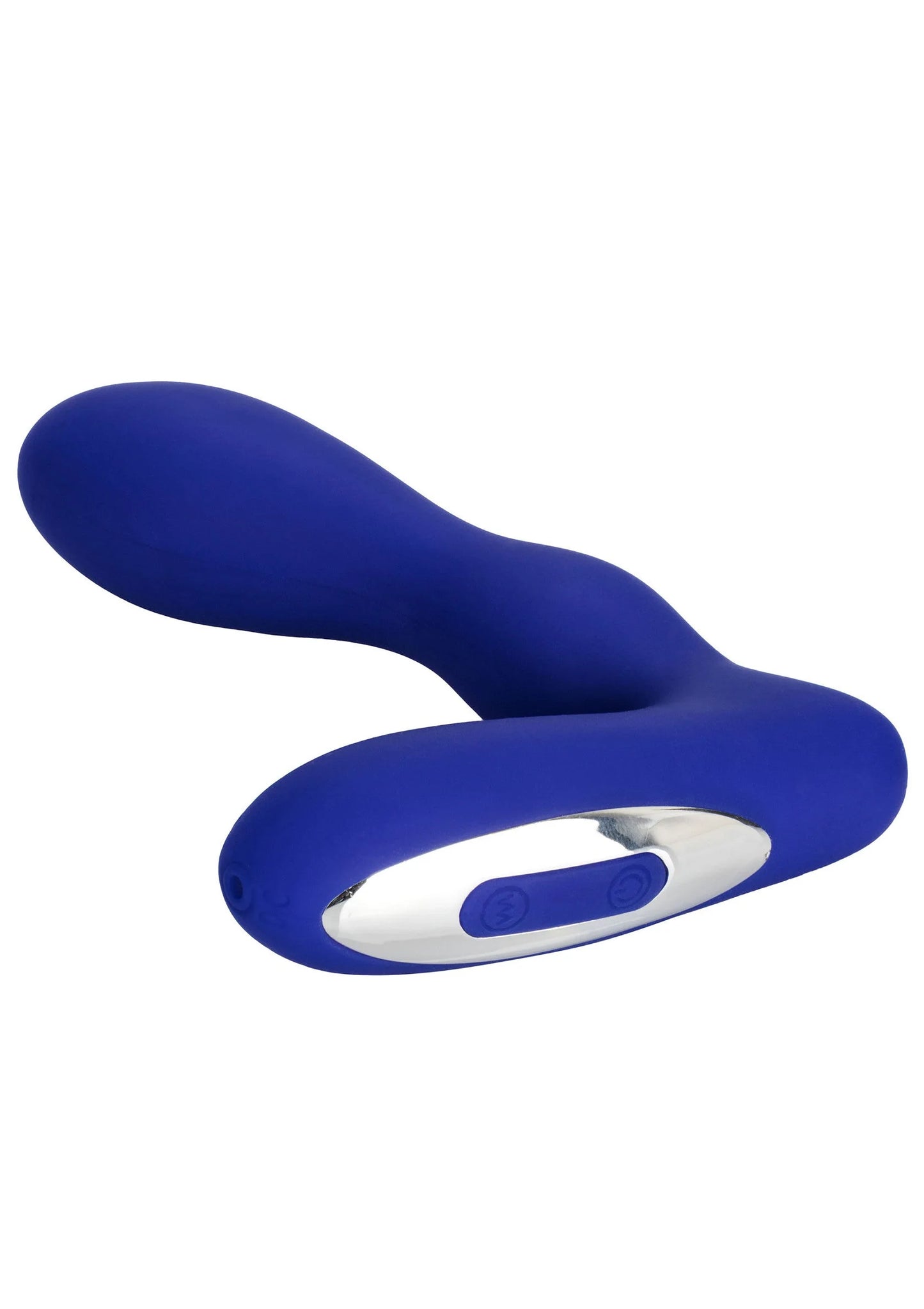 Blauwe buttplug met ovale bedieningsmodule en brede basis; gladde siliconen buitenkant