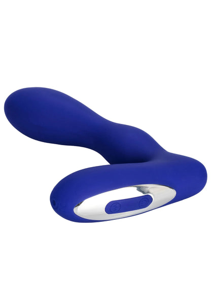 Blauwe buttplug met ovale bedieningsmodule en brede basis; gladde siliconen buitenkant