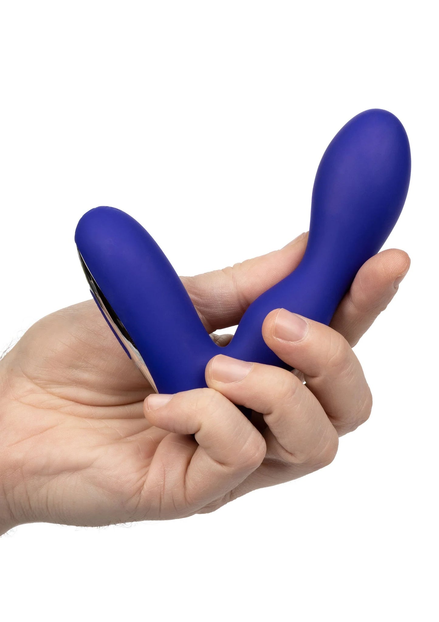 Blauwe buttplug in hand: gebogen vorm met brede voet en gladde siliconen afwerking