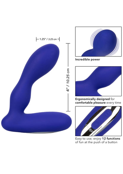 Blauwe siliconen anale plug met afmetingen en knopdetail op de kop