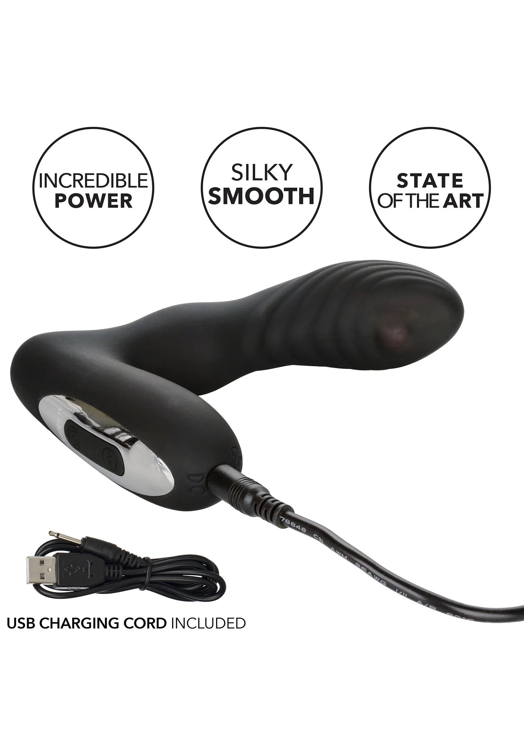 Zwarte Eclipse rollerball-probe vibrator met knopzone en meegeleverde USB-oplaadkabel.