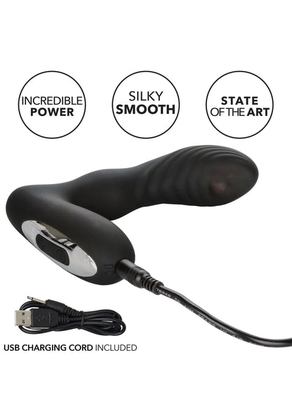Zwarte Eclipse rollerball-probe vibrator met knopzone en meegeleverde USB-oplaadkabel.