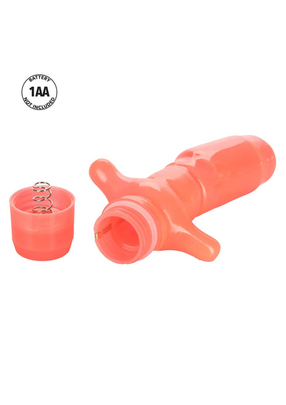 Koraalrode anale vibrator met brede voet en ronde neus, met meegeleverde batterijhouder