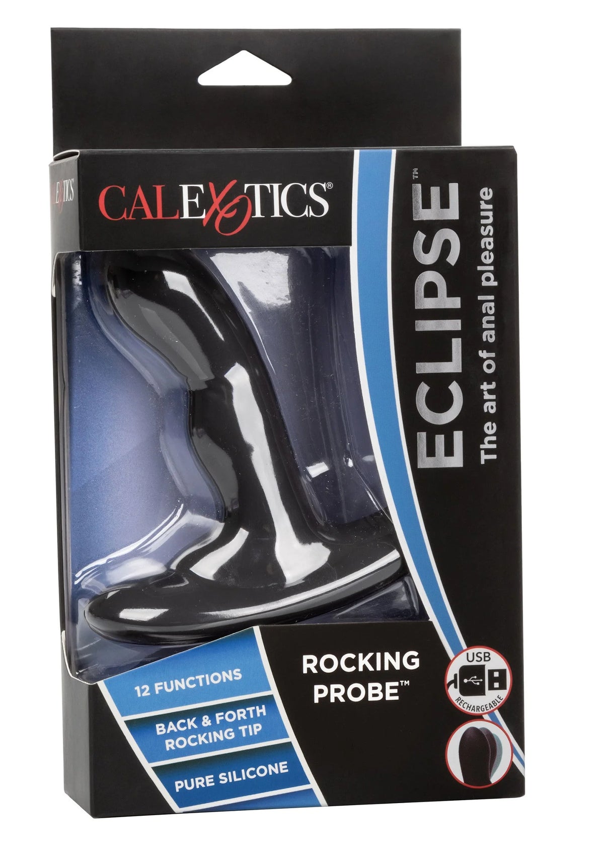 Verpakte zwarte rocking probe vibrator met blauwe details en USB-oplaadaanduiding