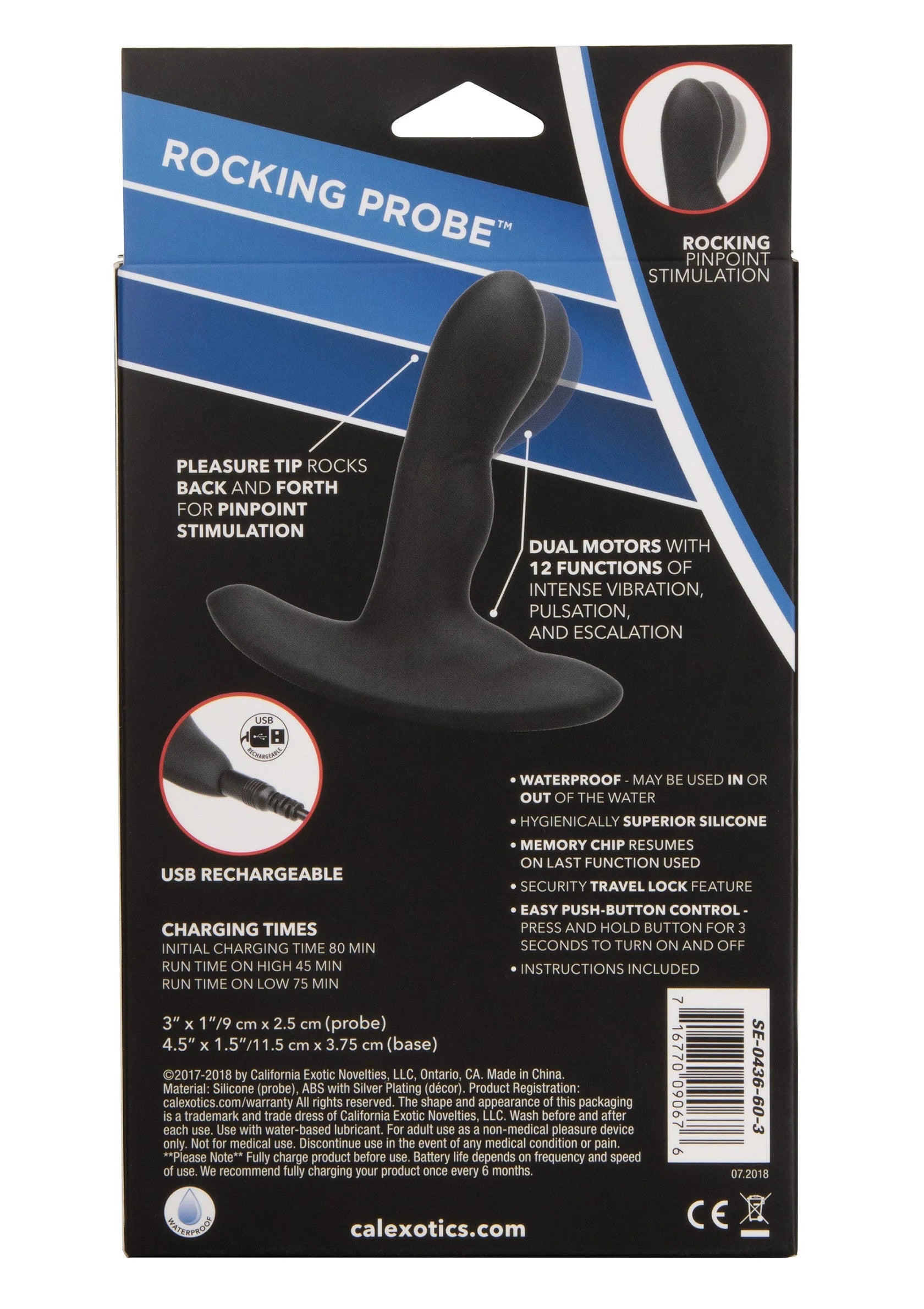 Achterkant verpakking van zwarte rocking probe vibrator met specificaties