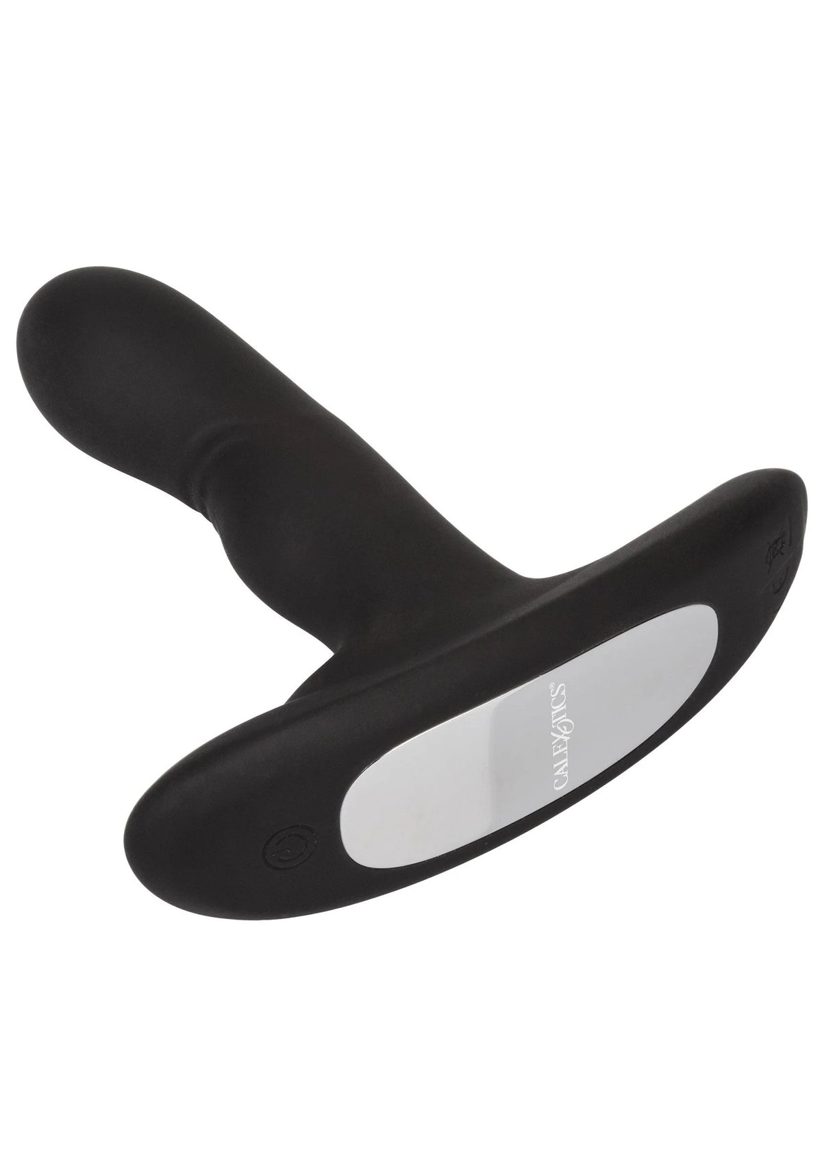 Zwarte siliconen rocking probe vibrator in zijaanzicht met ovale open rand