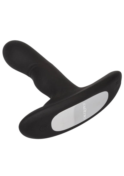 Zwarte siliconen rocking probe vibrator in zijaanzicht met ovale open rand