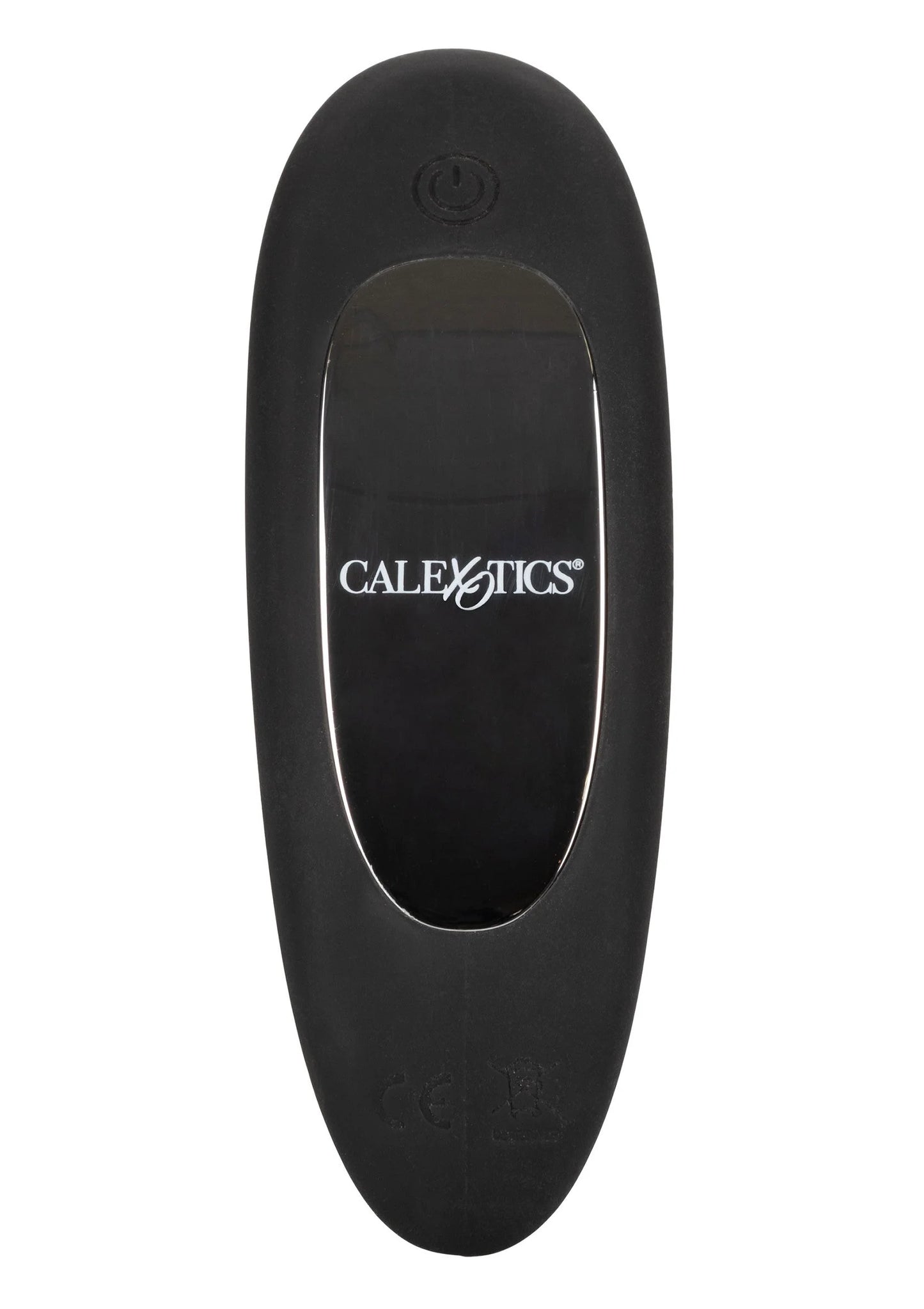 Zwarte siliconen vibrator probe met CALExotics-opdruk en ronde aan/uit-knop