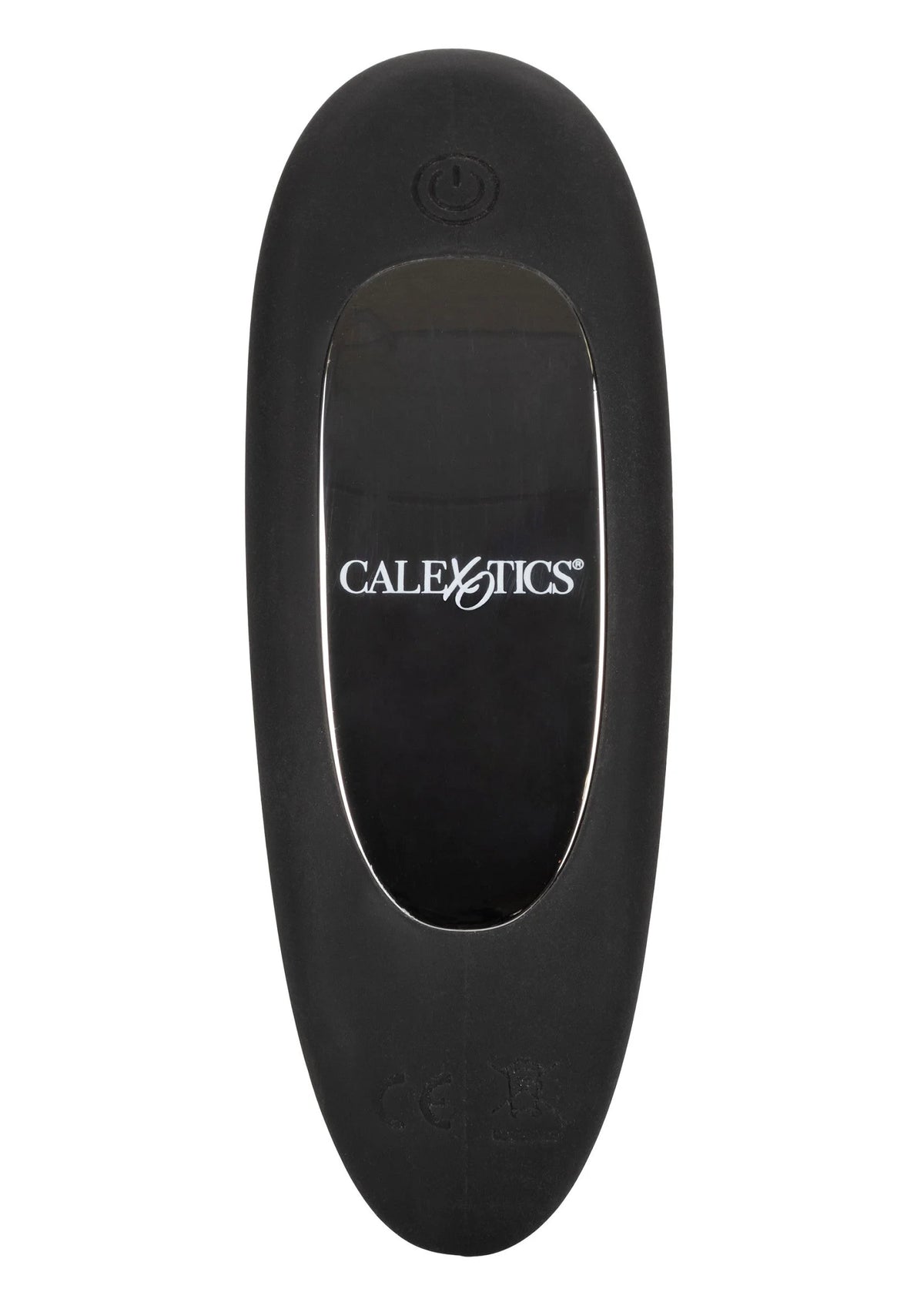 Zwarte siliconen vibrator probe met CALExotics-opdruk en ronde aan/uit-knop