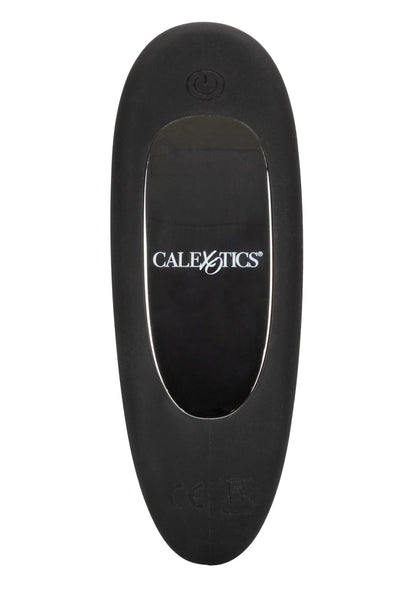 Zwarte siliconen vibrator probe met CALExotics-opdruk en ronde aan/uit-knop