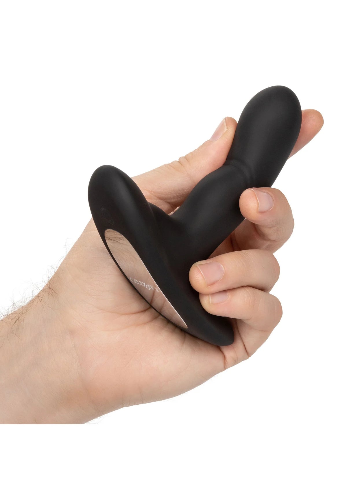 Zwarte siliconen rocking probe vibrator in hand, compacte ronde uiteinden