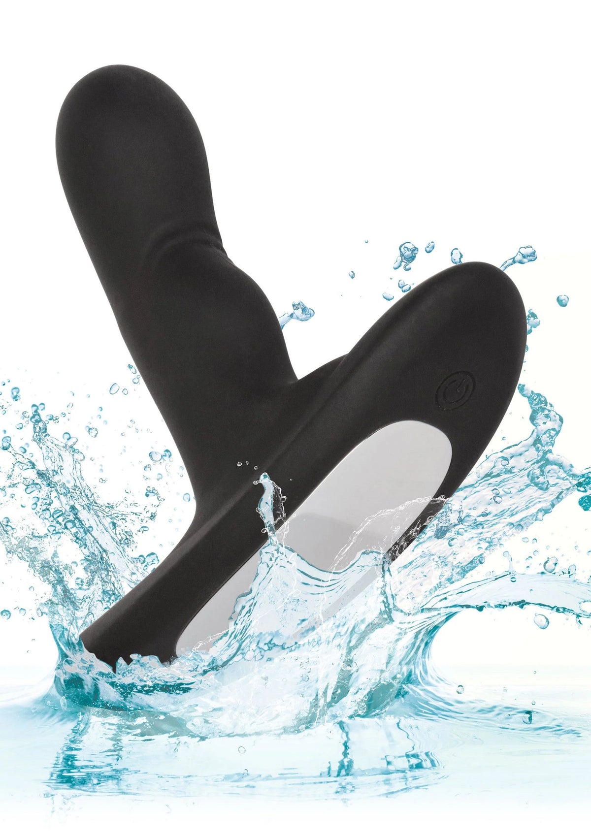 Zwarte siliconen rocking probe vibrator met waterdruppels en brede uiteinden
