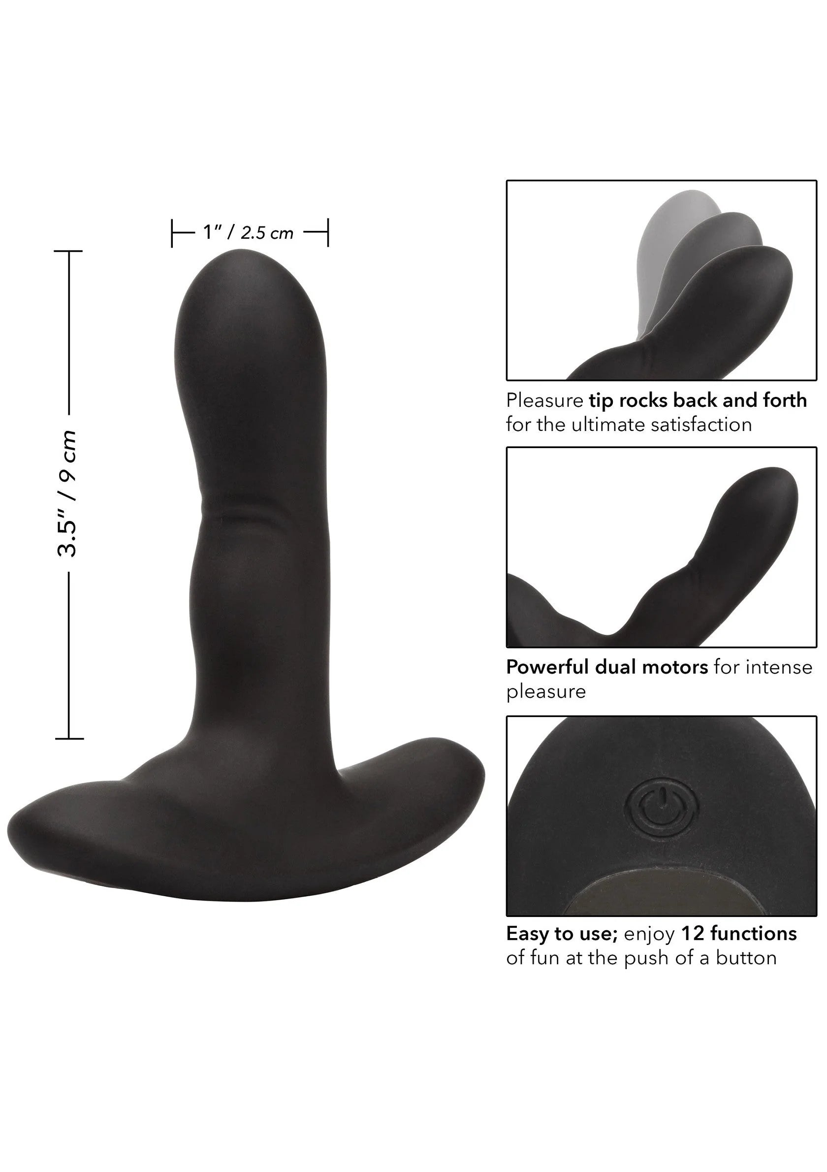 Zwarte siliconen rocking probe vibrator, staande vorm met brede voet
