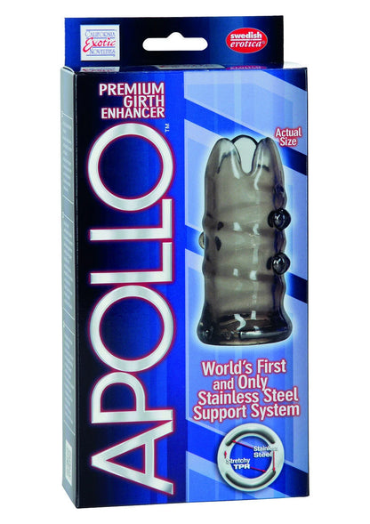 Doos met productfoto van CalExotics Apollo Premium girth enhancer penis-mouw, blauw