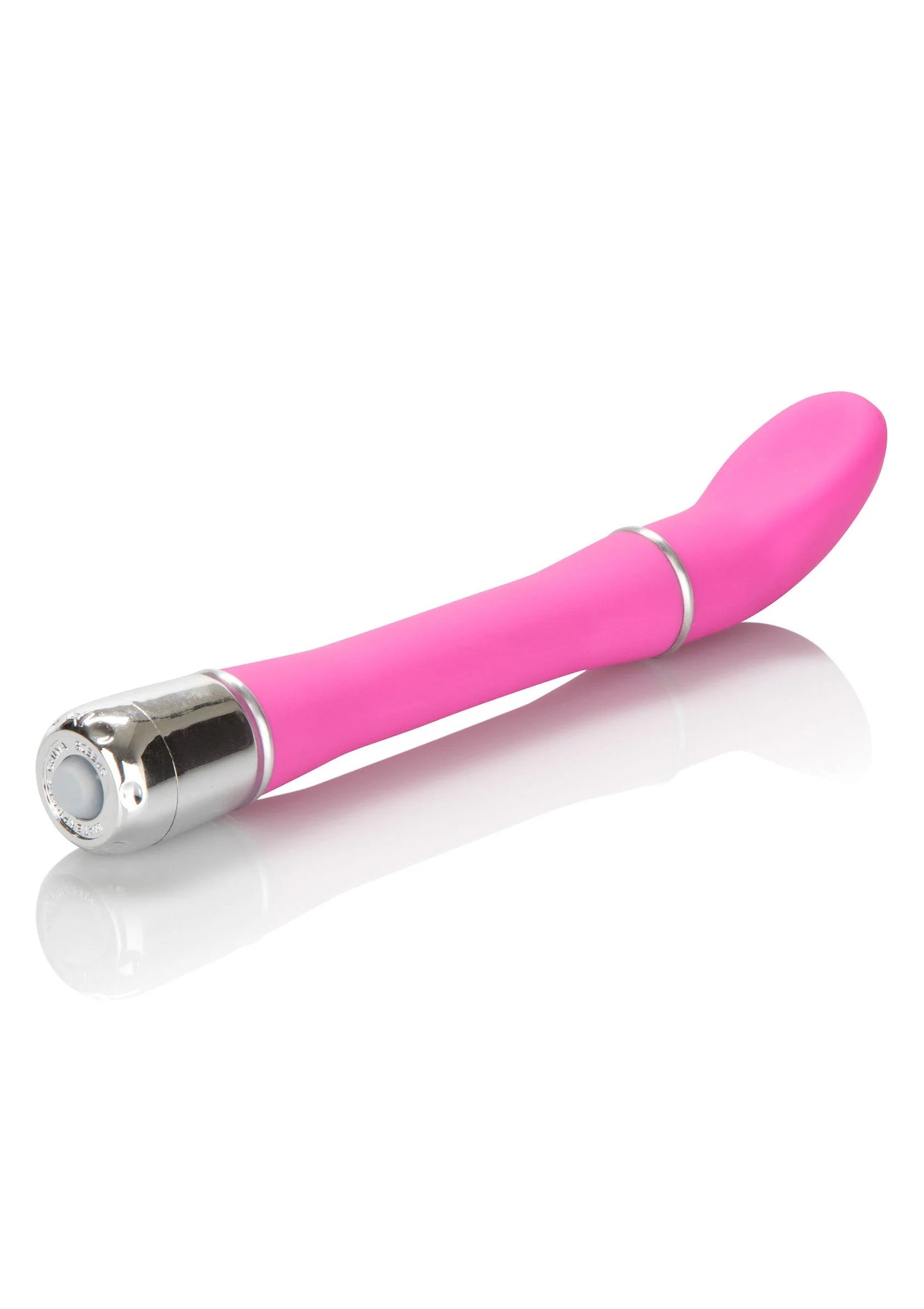 Roze vibrator met afgeronde punt en zilveren uiteinde, satijnachtige look
