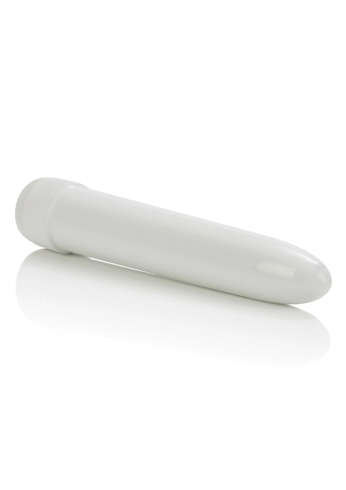 Witte slanke vibrator met afgeronde kop, liggend