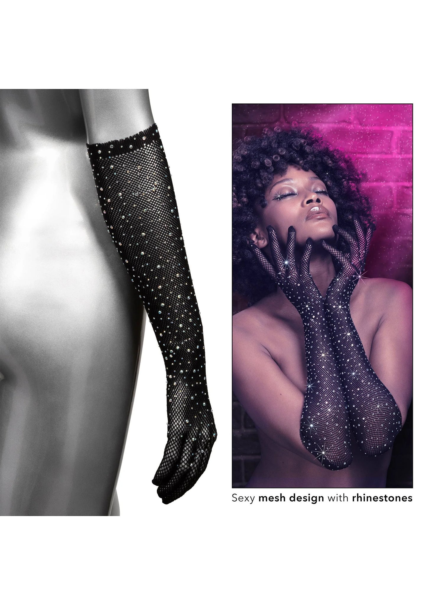 Zwarte mesh lange handschoenen met strasjes; detail links, model rechts.