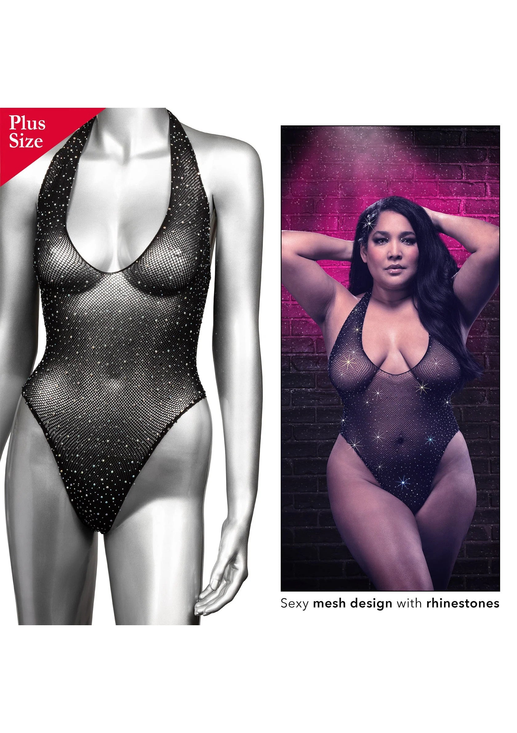 Zwarte deep V mesh body suit met steentjes; setweergave met model in dezelfde body suit.