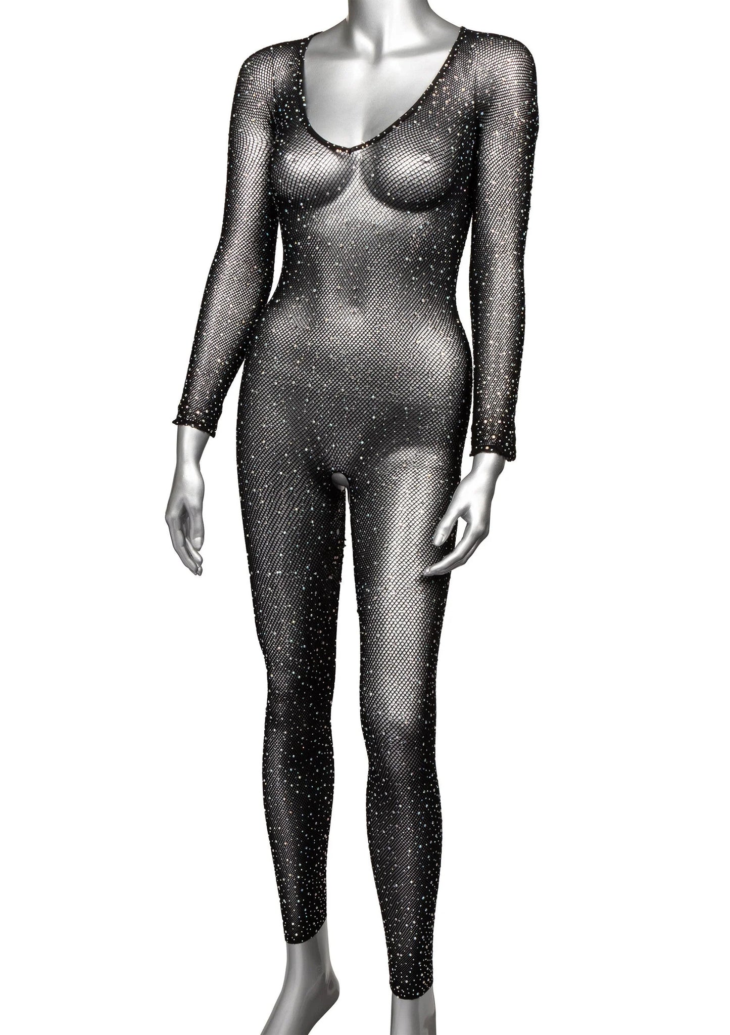 Vooraanzicht: zwart crotchless fullbody pak van mesh met glinsterende sterren