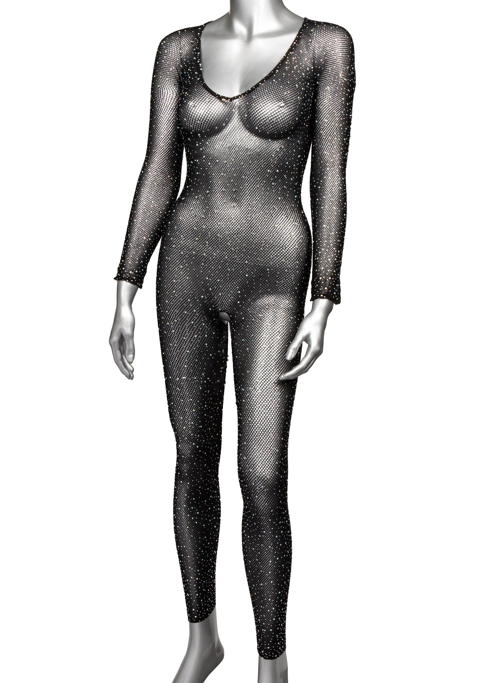 Vooraanzicht: zwart crotchless fullbody pak van mesh met glinsterende sterren