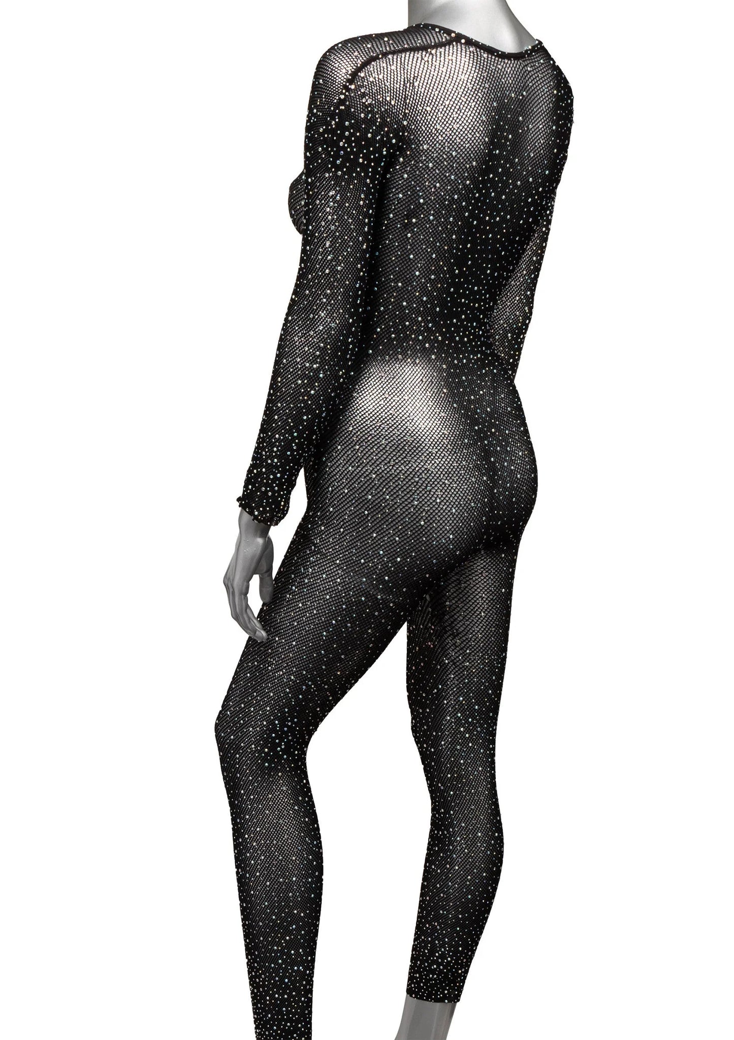 Donkere glinsterende full body suit met lange mouwen en crotchless opening, zijaanzicht