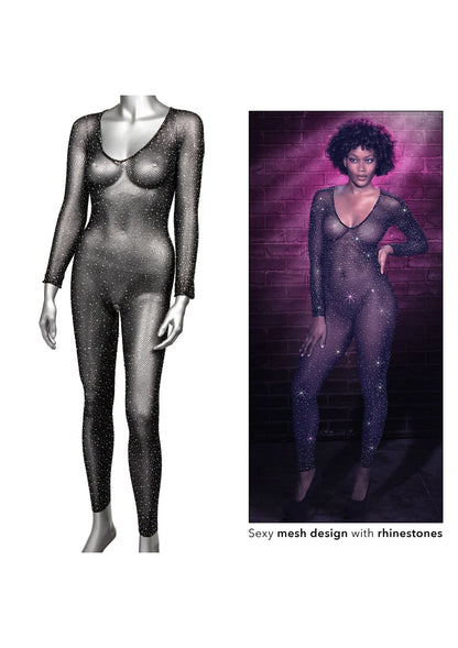 Zwart crotchless fullbody pak van mesh met glinsterende sterren en lange mouwen