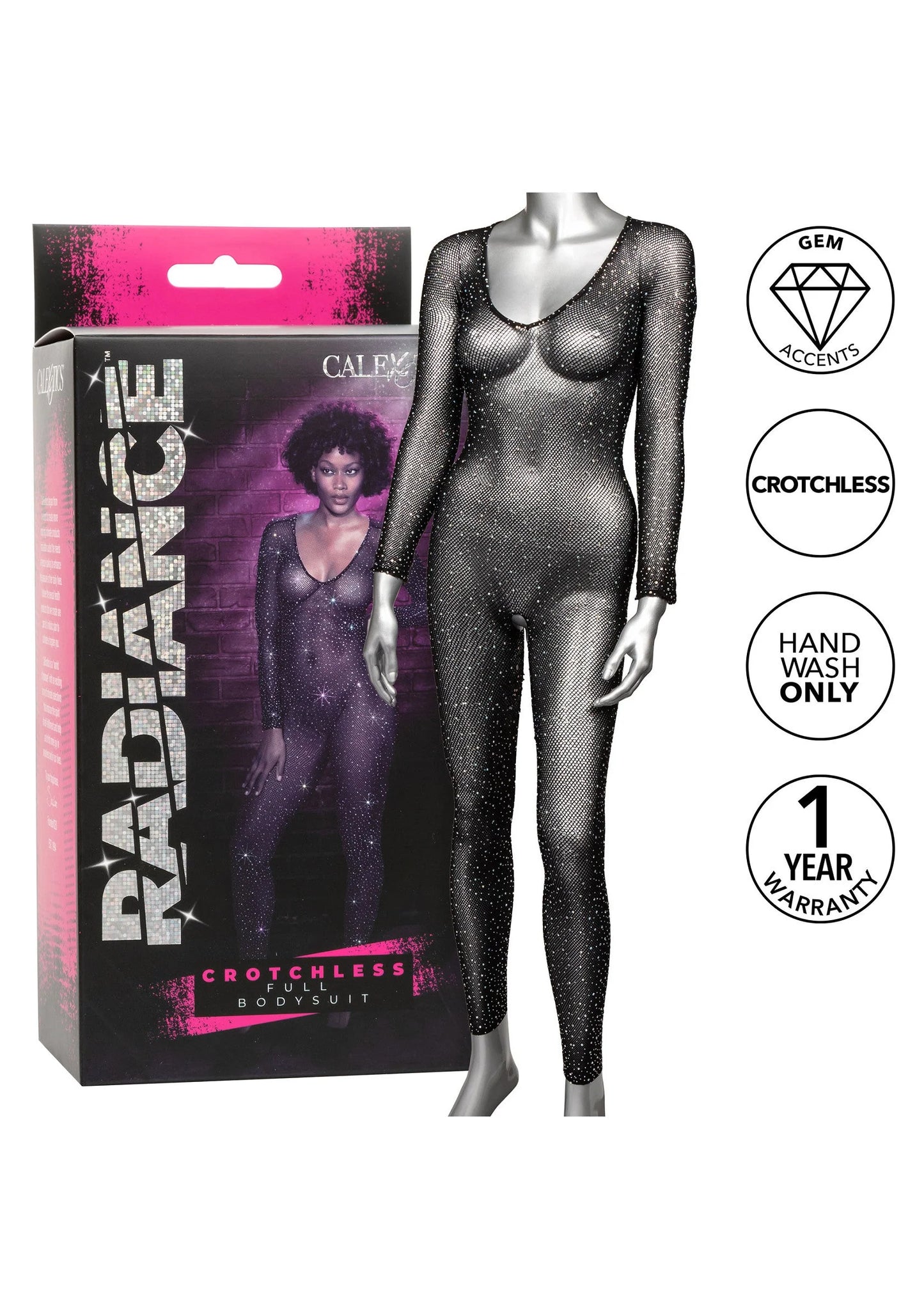 Donkere glinsterende crotchless full body suit op etalagepop, lange mouwen