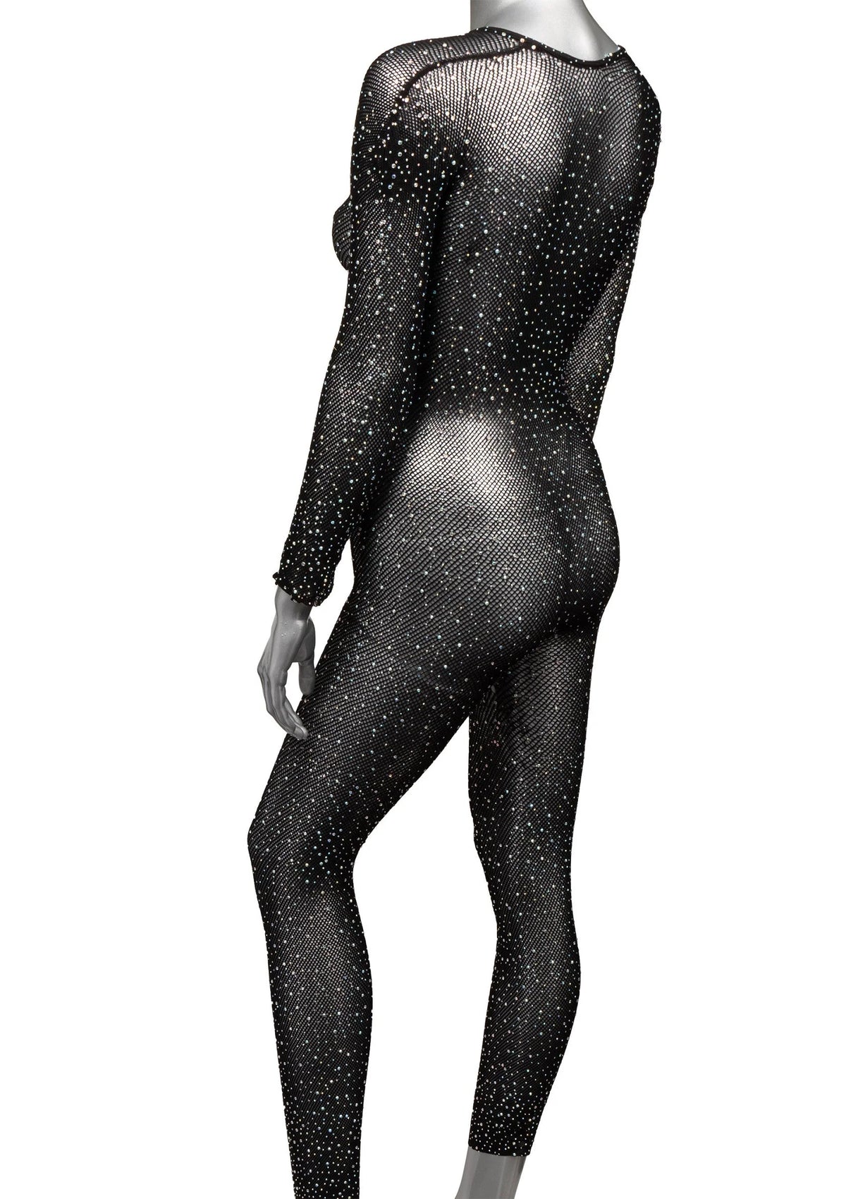 Kruisloze full body bodysuit met glinsterende zwarte stof, lange pijpen