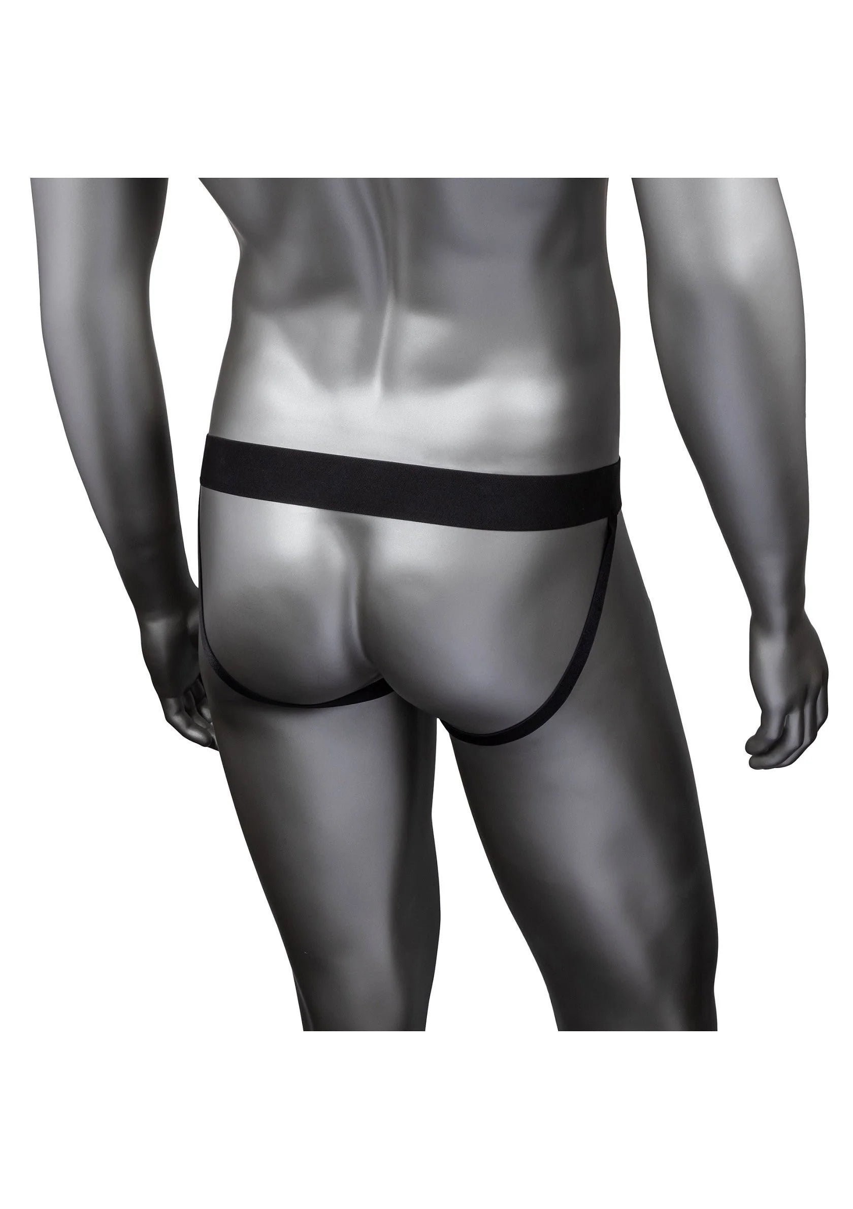Zwarte jockstrap met elastische band en mesh, achteraanzicht op pasvorm