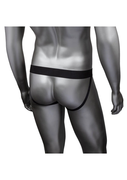 Zwarte jockstrap met elastische band en mesh, achteraanzicht op pasvorm