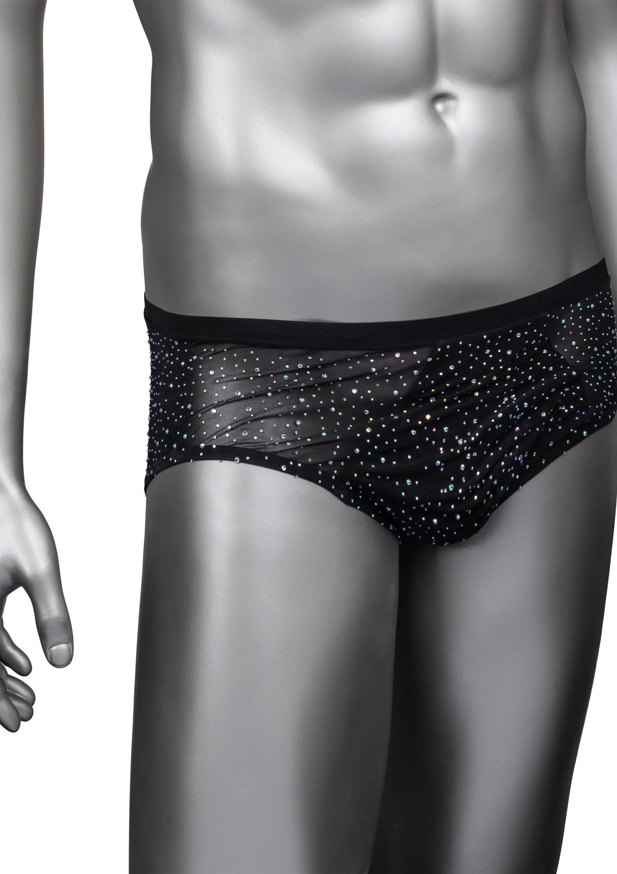 Zwarte klassieke heren-slip met fonkelende steentjes op mesh, volledige voorkant