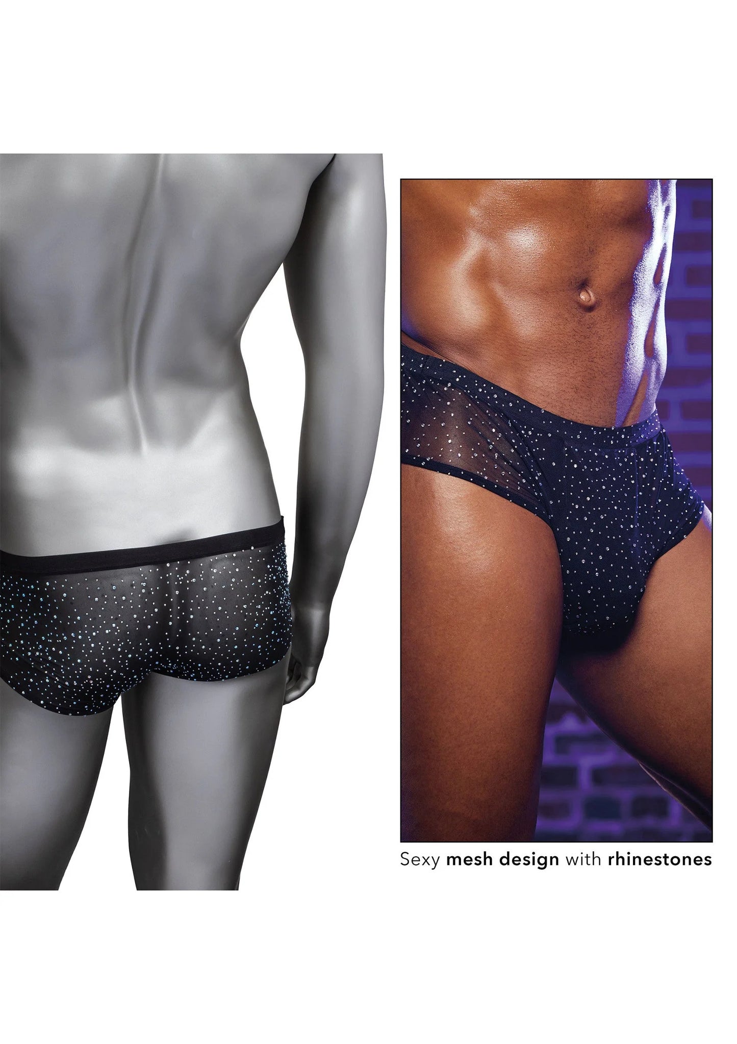 Zwarte heren-slip met fonkelende steentjes op mesh, zijkant en close-up