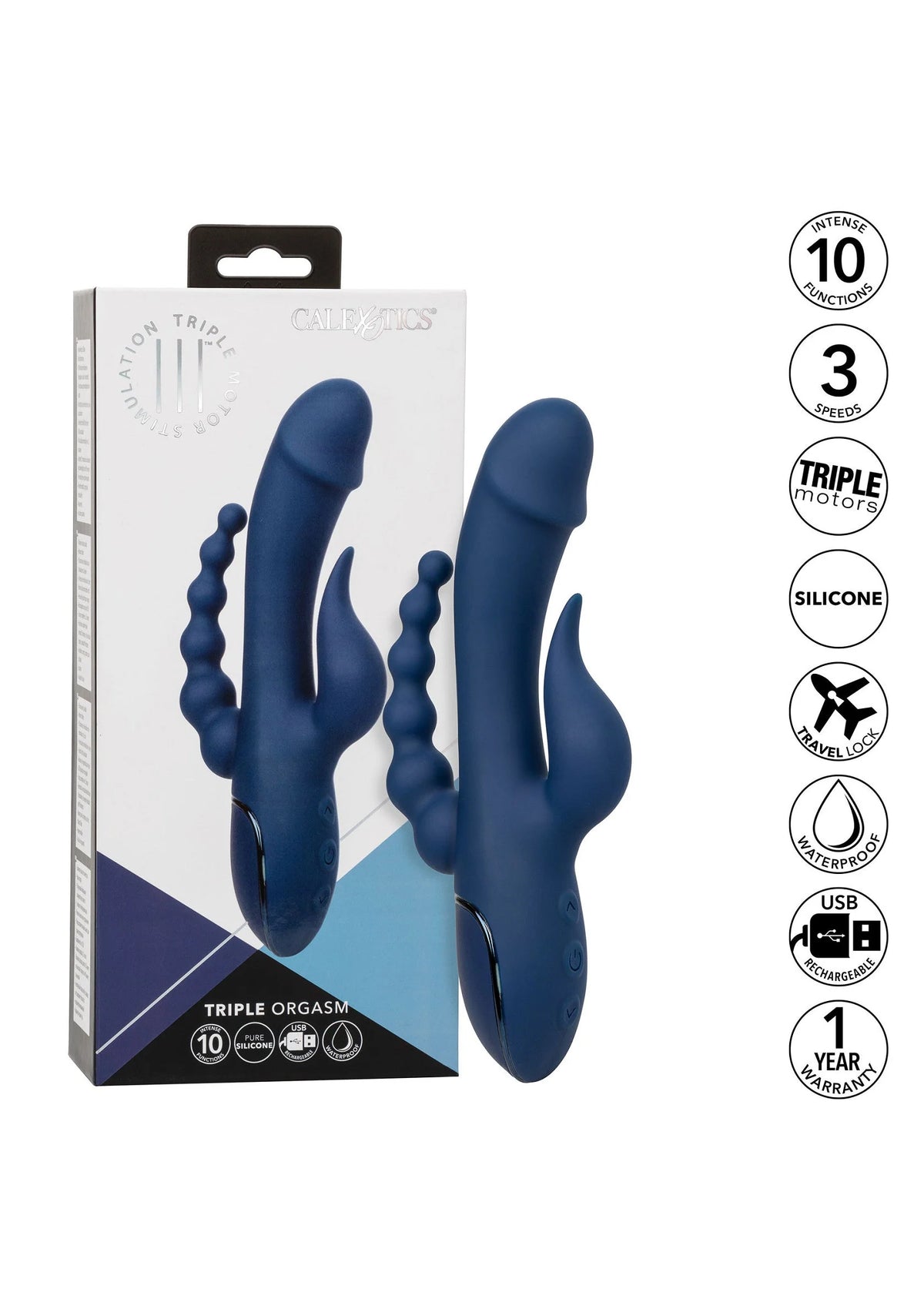 CalExotics verpakking met labels voor blauwe driedubbele vibrator: silicone en USB