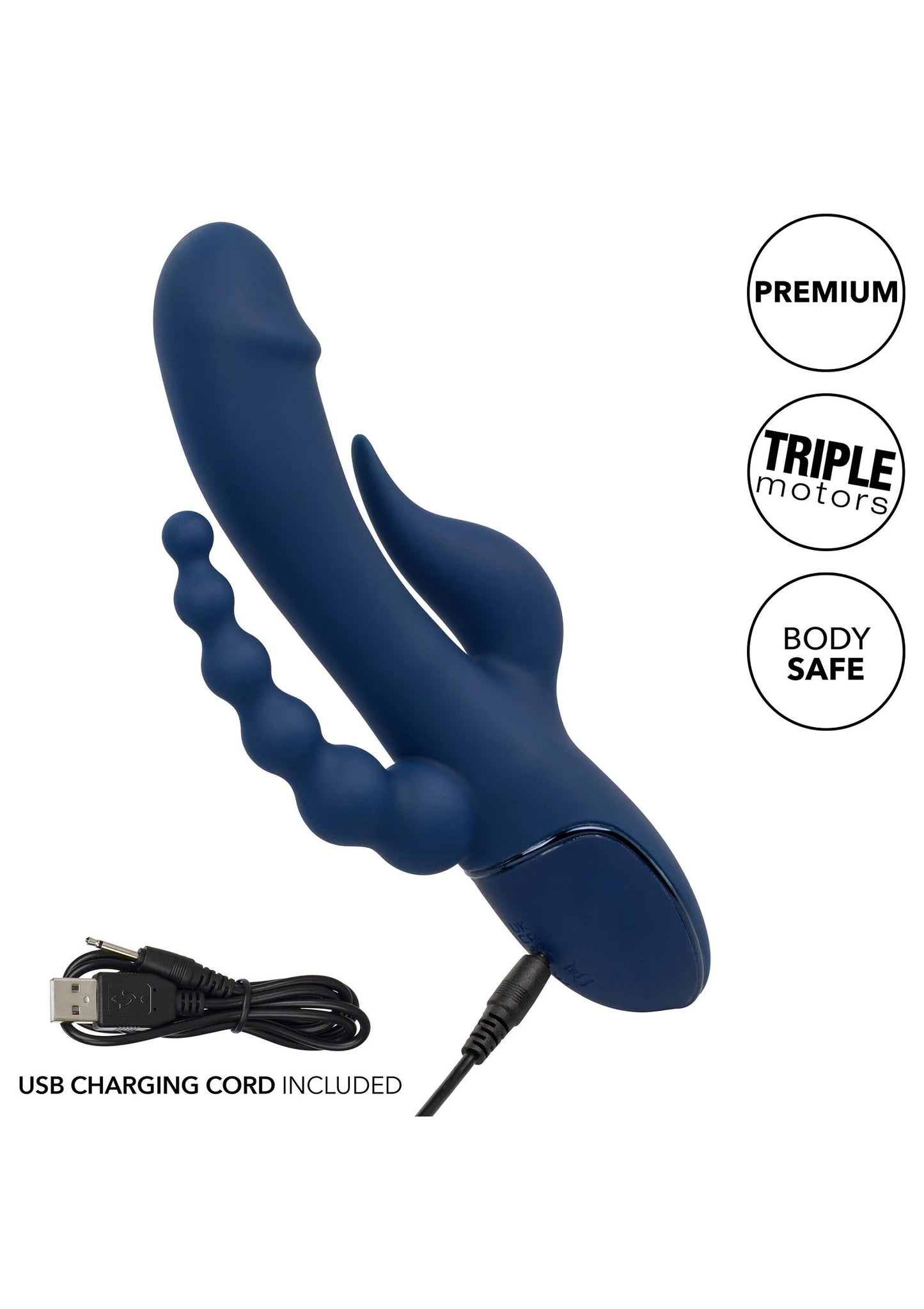 Blauwe driedubbele vibrator met kralenstaart en USB-oplaadkabel, triple motor
