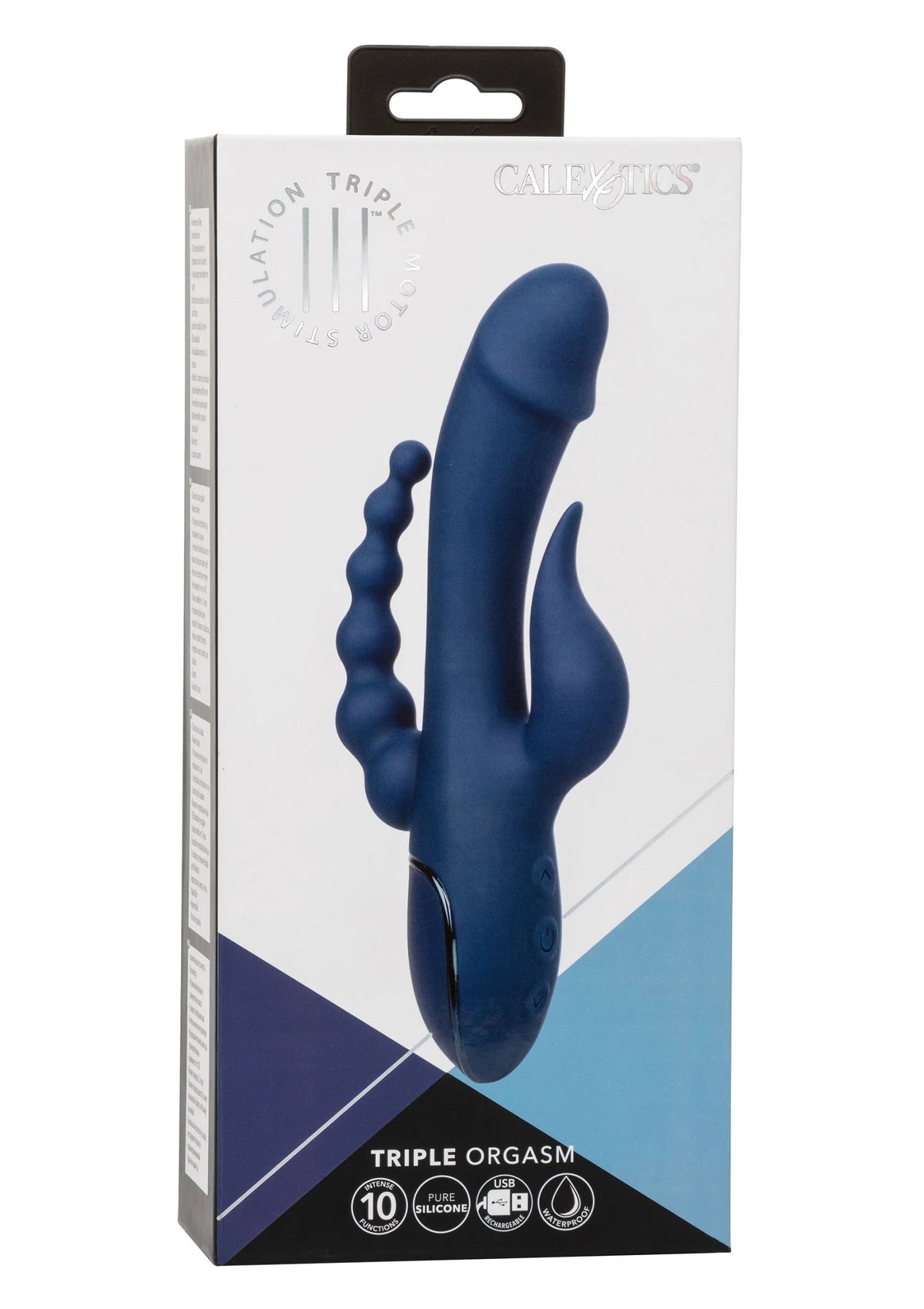CalExotics verpakking van blauwe driedubbele vibrator met kralenstaart