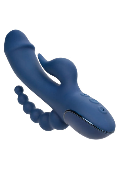 Blauwe driedubbele vibrator met gebogen kop en kralenstaart, close-up