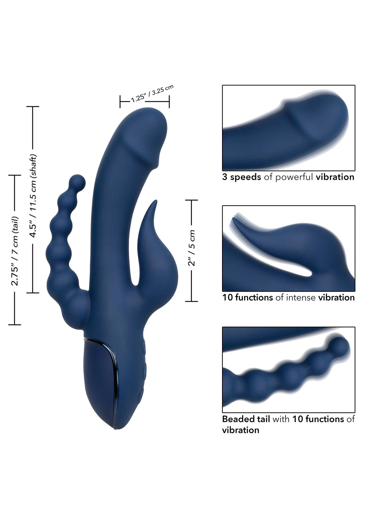 Blauwe driedubbele vibrator met kralenstaart en bedienknop, met maatdetails