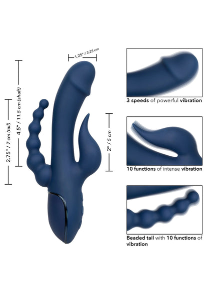 Blauwe driedubbele vibrator met kralenstaart en bedienknop, met maatdetails