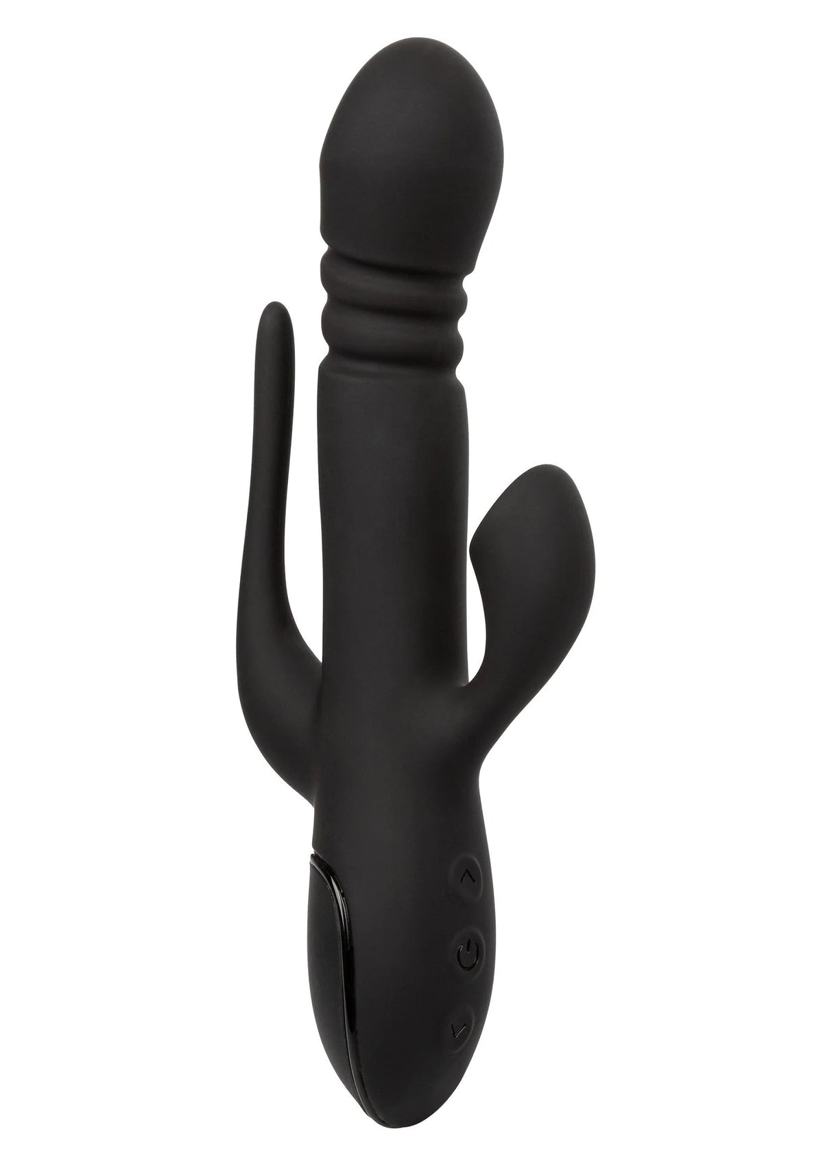 Zwarte dubbele vibrator met ronde top en twee uitsteeksels, met bedieningsknoppen.