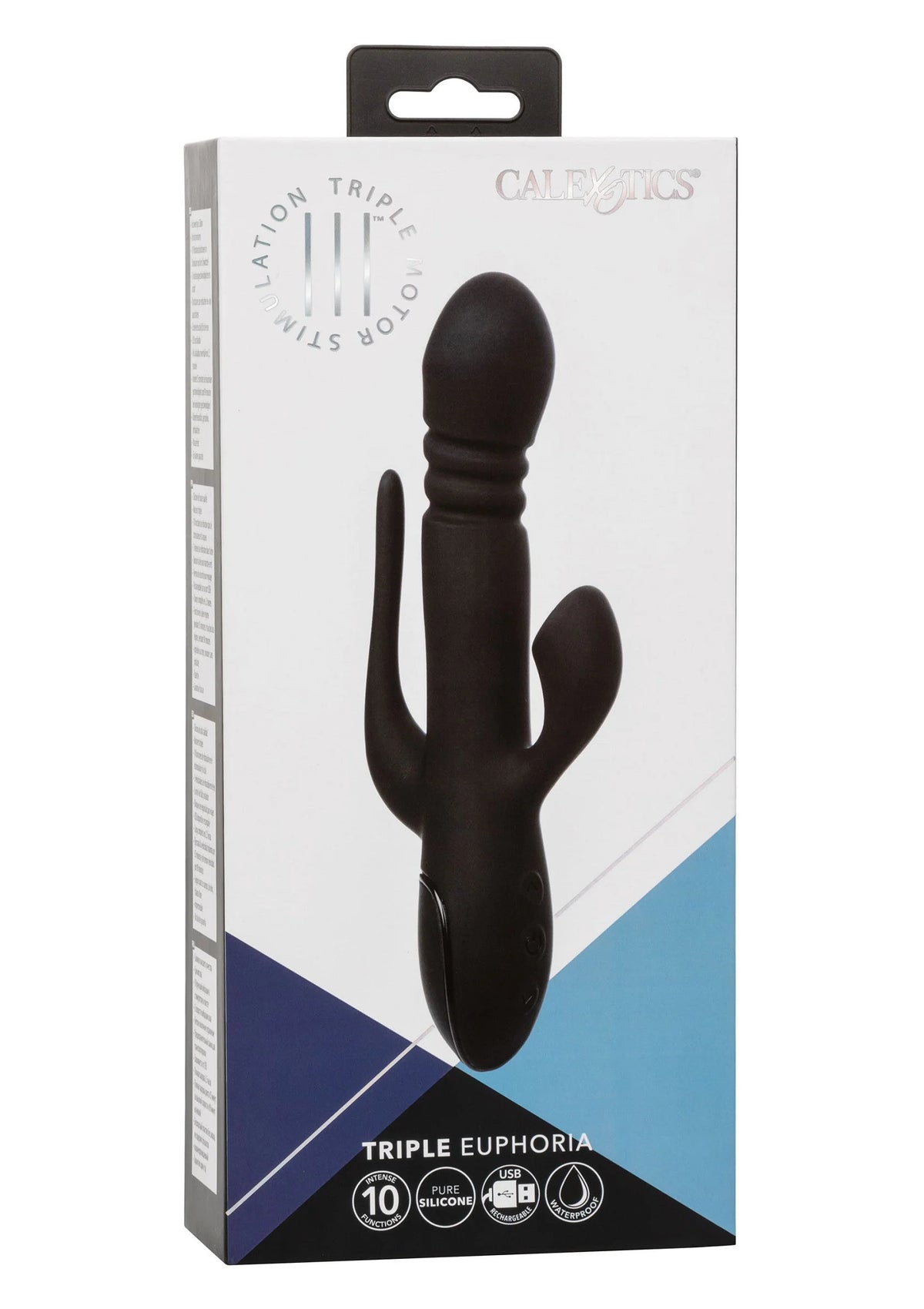 Verpakkingsdoos met CalExotics Triple Euphoria dubbele vibrator in zwarte silicone uitvoering.