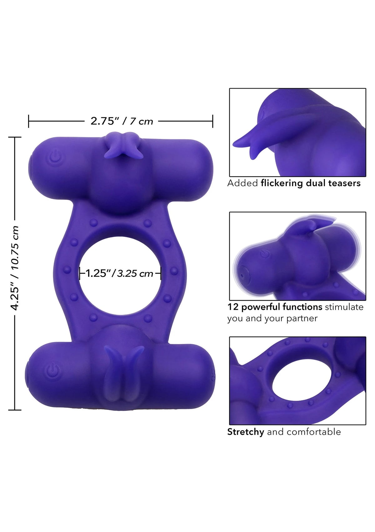 Paarse siliconen vibrator met ringopening, afmetingen en functieschema op de achtergrond