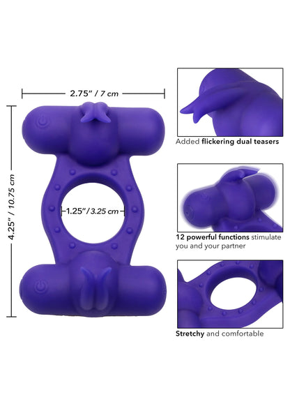 Paarse siliconen vibrator met ringopening, afmetingen en functieschema op de achtergrond