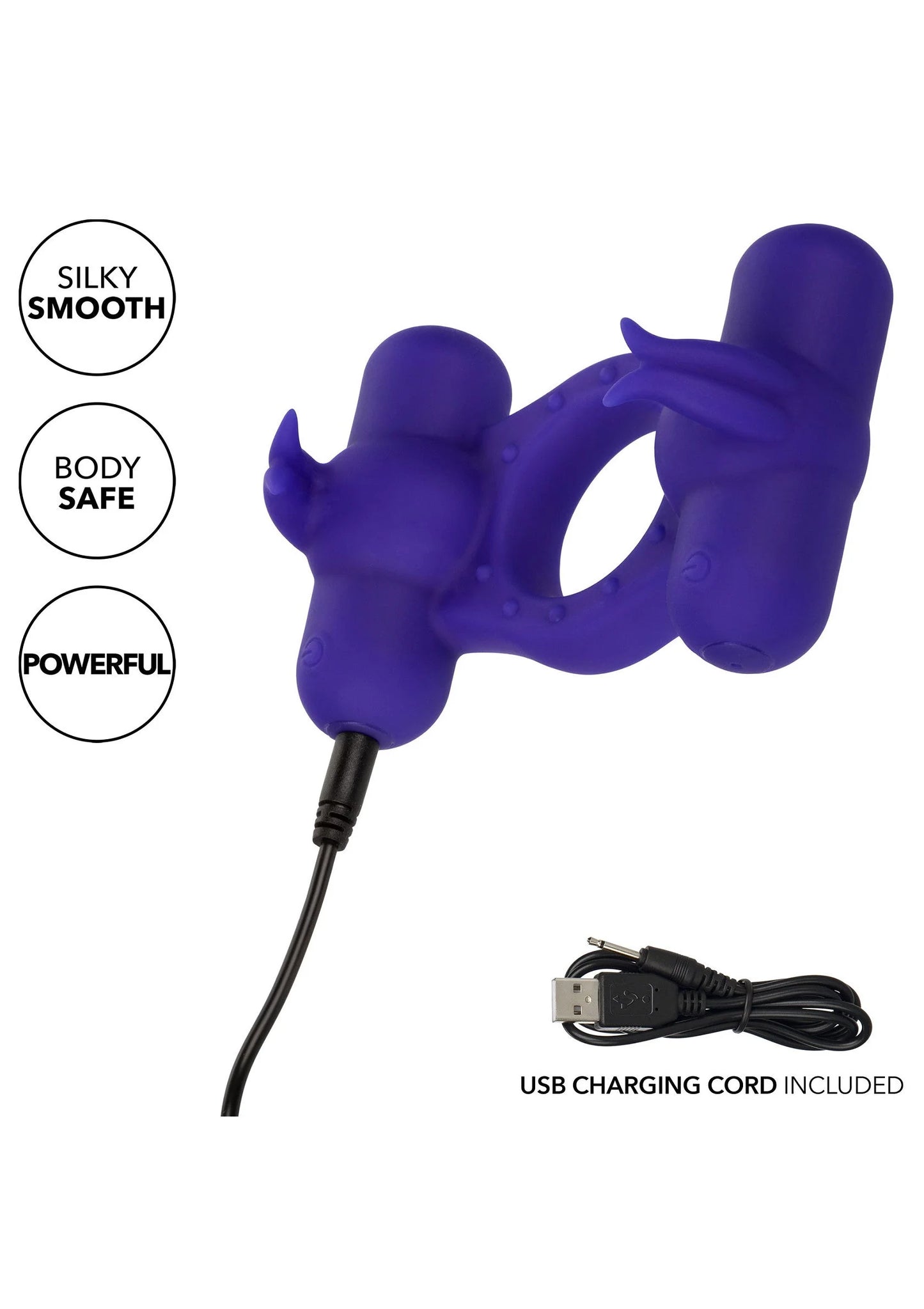Paarse siliconen vibrator met snoer voor USB-laden, met illustraties van functies