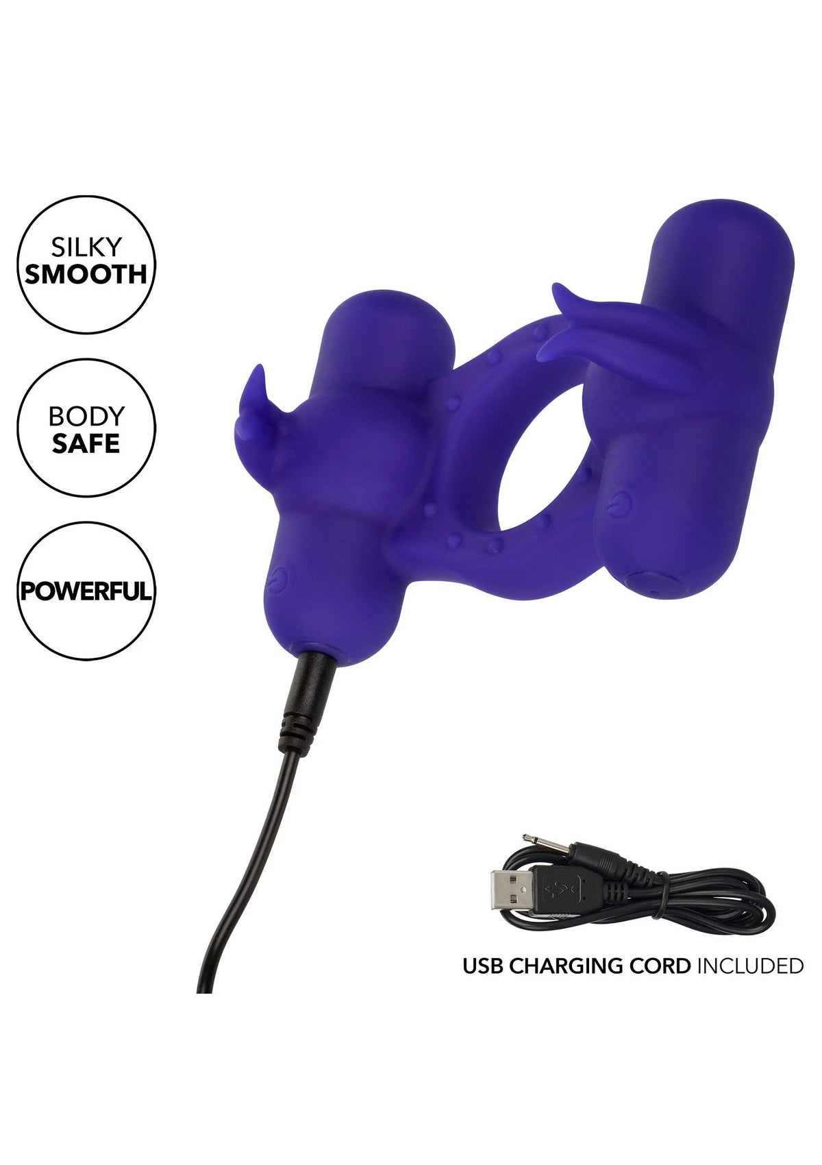 Paarse siliconen vibrator met snoer voor USB-laden, met illustraties van functies