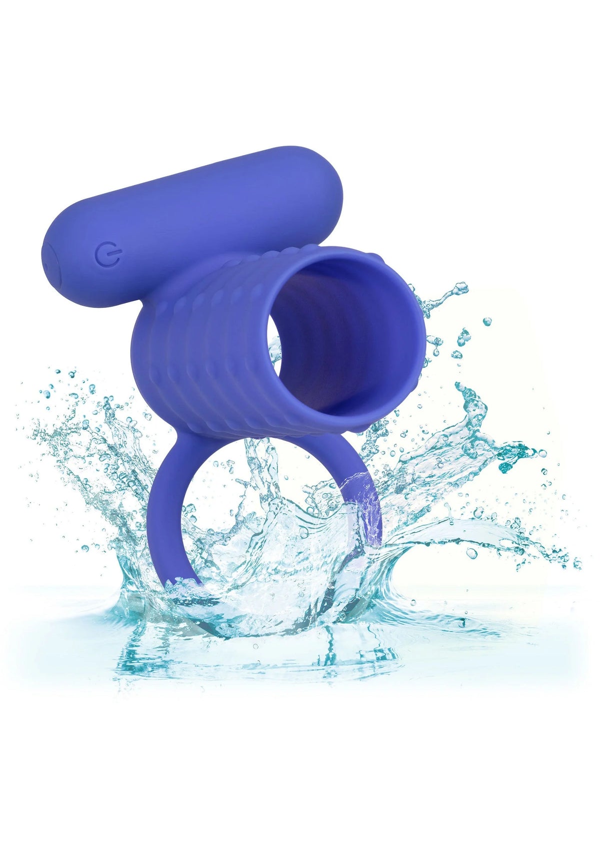 Blauwe siliconen stimulator met ring en geribbelde cilinder, met waternevel