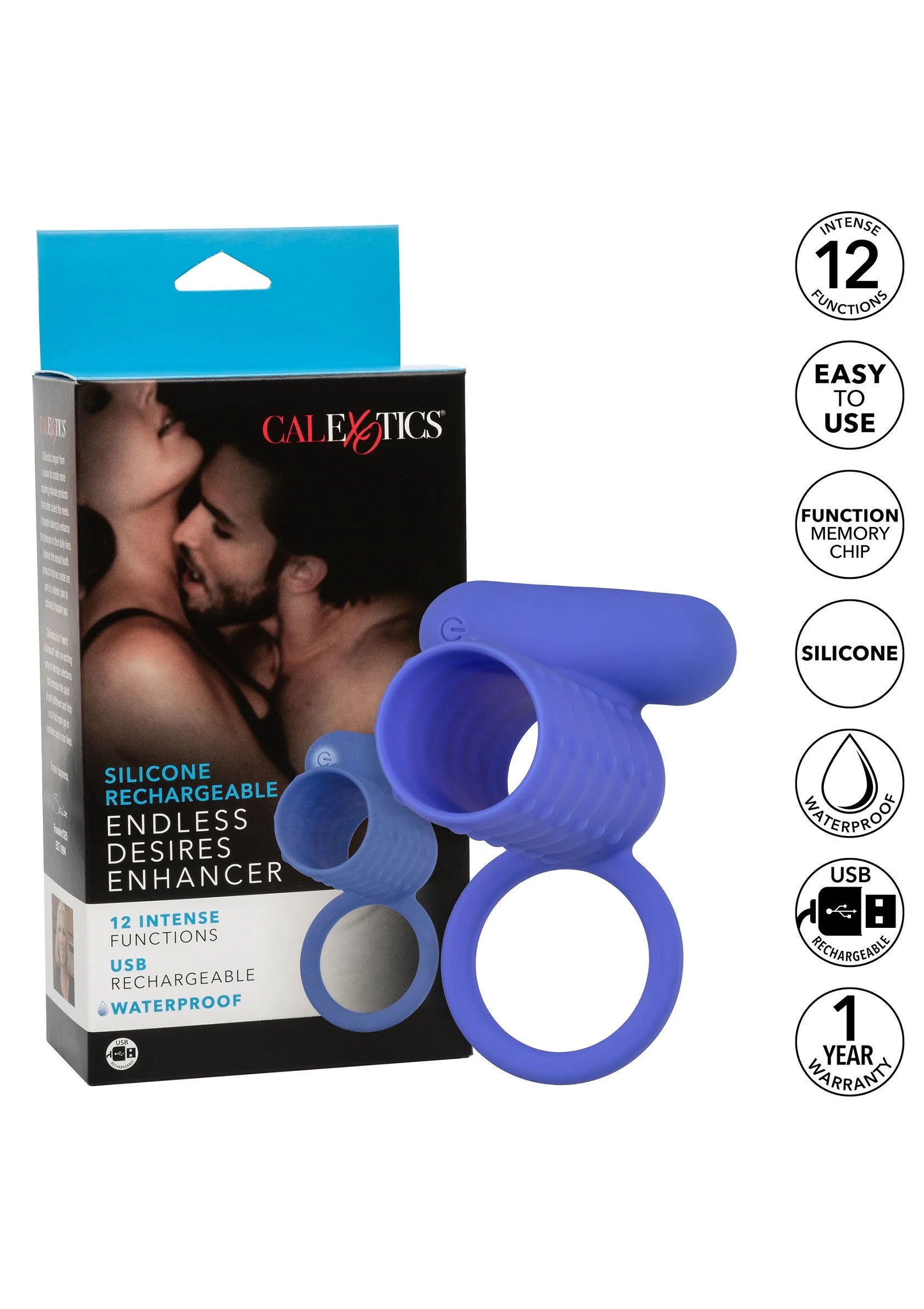CalExotics verpakking met blauwe siliconen stimulator, ring en geribbelde cilinder