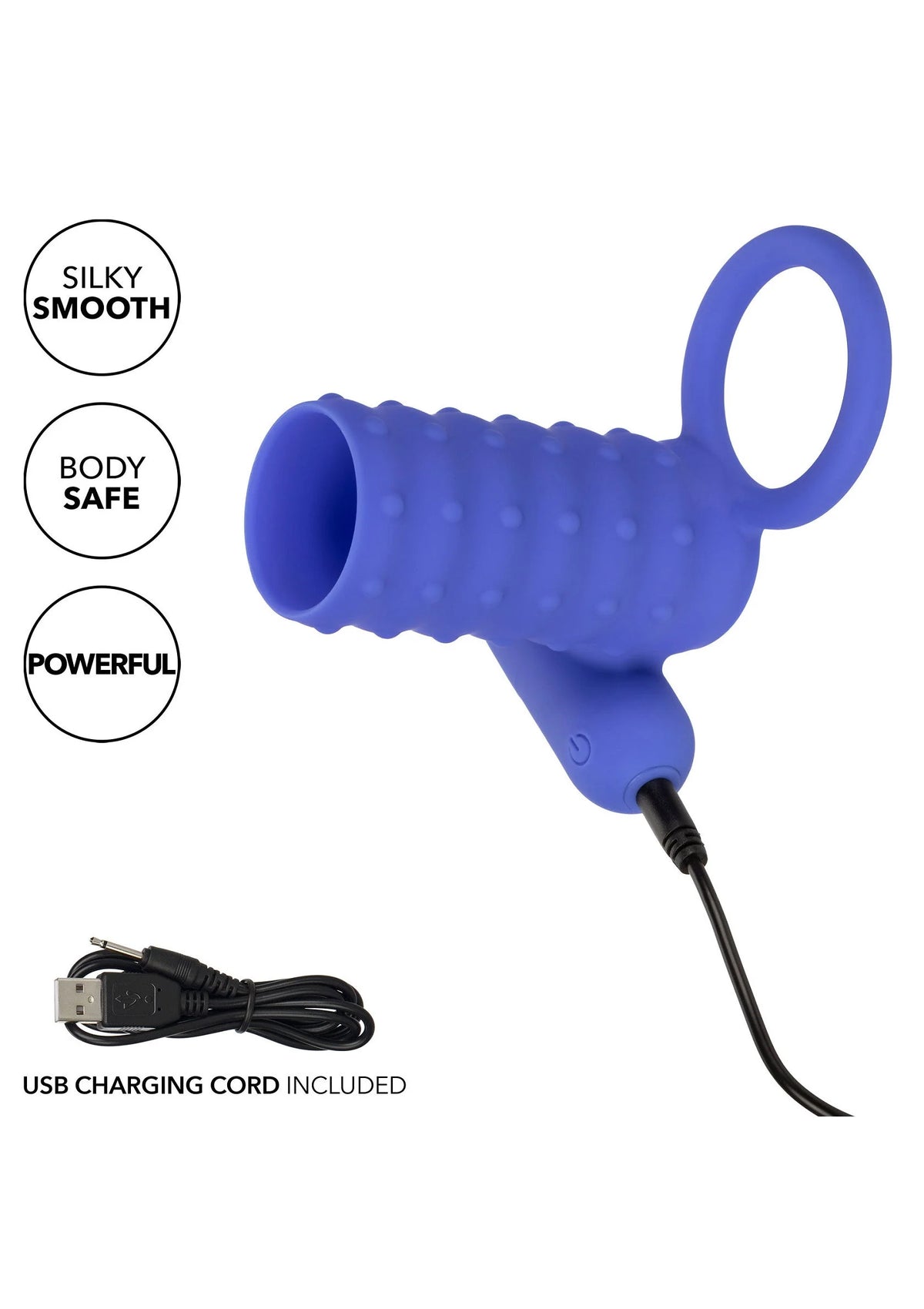 Blauwe siliconen stimulator met ring, geribbelde cilinder en USB-oplaadkabel