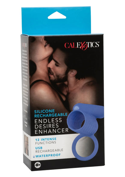 CalExotics verpakking van blauwe siliconen rechargeable enhancer met ring en cilinder
