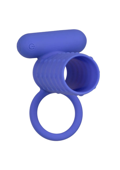 Blauwe siliconen stimulator met ring en holle opening, geribbelde cilinder