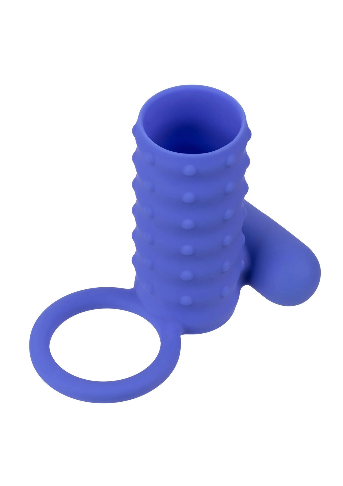 Blauwe siliconen stimulator met ring en geribbelde cilinder, zijaanzicht